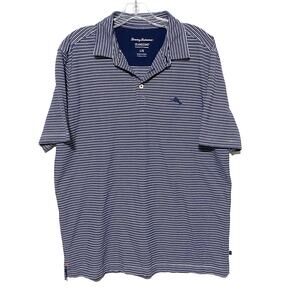 Tommy Bahama Polo Shirt Mens L Blue White Stripe IslandZone Coastal Nautical